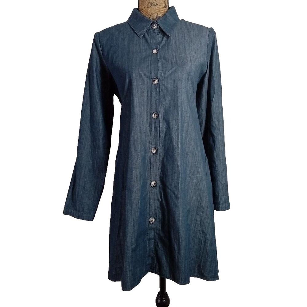 Uncle Frank Dress Size M Blue Denim Hi Lo Hemline Full Button‎ Front Long Sl
